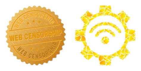 Golden collage of yellow items for Wi-Fi gear icon, and golden metallic Web Censorship stamp seal. Wi-Fi gear icon composition is made with scattered gold items.