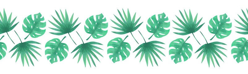 Fototapeta na wymiar Tropical seamless border palm leaves. Exotic hand drawn watercolor palm leaf shapes repeating pattern. Jungle florals. Monstera, Philodendron, Areca palm leaf. For card decor, footer, summer decor.