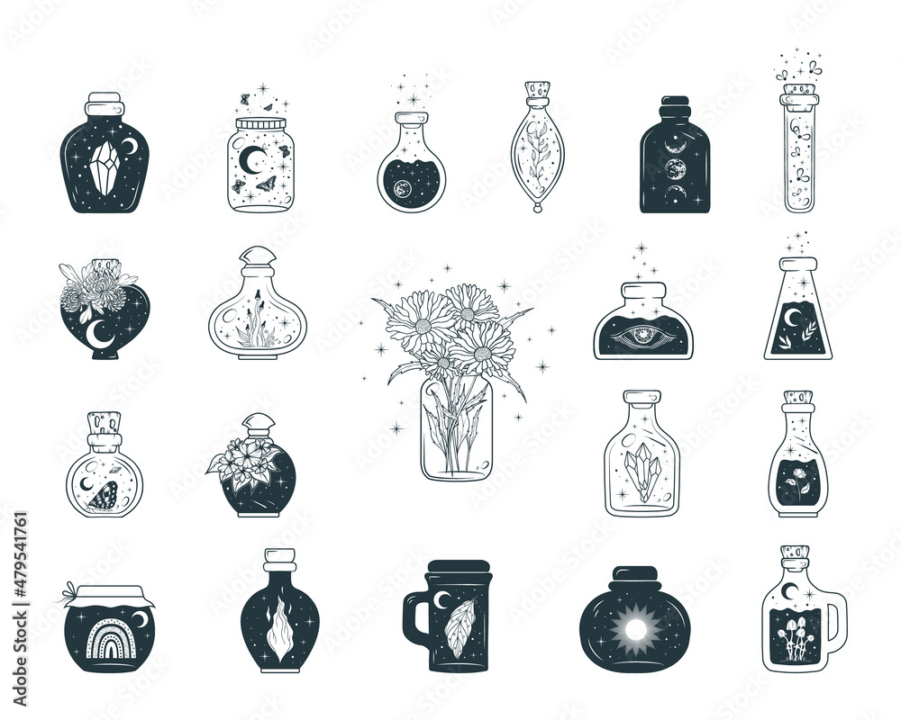 Wall mural mason jar celestial collection. witchcraft potions, jugs, butterflies and mystical flowers isolated 