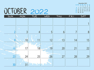 Calendar 2022 year. October 2022 planner.Desctop calendar design. Month planner. Grunge trendy background. Life or business planner. Place for notes. Printable template.