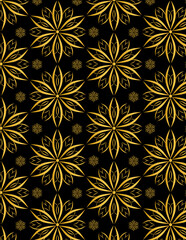 Pattern of Golden decorative flowers design vector on solid black color