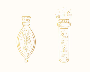 Celestial test tube and flacon. Cute golden hand drawn  bottles of magic potion isolated on white. Vector illustration moth and twig in the flasks.