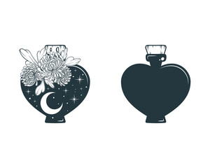 Celestial  jars with moon, stars and chrysanthemums. Hand drawn esoteric design elements isolated on white background. Vector illustration in boho style.