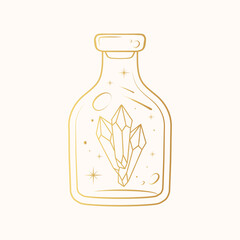 Celestial mystical jar with crystal and stars. Golden esoteric  design elements   in boho style. Hand drawn vector illustration in boho style.
