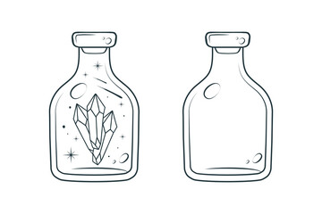 Celestial mason jars with stars and crystal. Magic bottles isolated on white. Hand drawn design elements  for wichcraft.