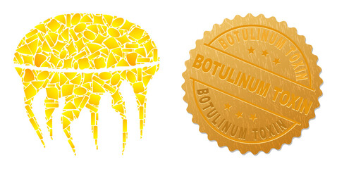 Golden mosaic of yellow spots for jelly fish icon, and golden metallic Botulinum Toxin stamp. Jelly fish icon mosaic is made of random gold elements.