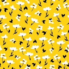 Beautiful vintage pattern. White flowers, black leaves. Yellow background. Floral seamless background. An elegant template for fashionable prints.