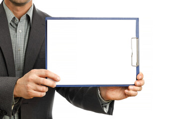 Businessman in suit holds clipboard and shows on it mockup, place for text and presentation, isolated on white background close-up