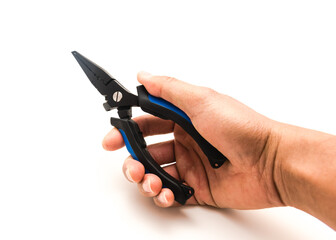 Asian fisherman hand holding fishing pliers in close position isolated on white background