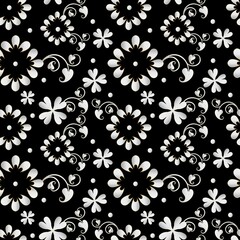 Simple regular graphic design with abstract flowers...Black and white floral as seamless pattern. Abstract background for textile design, surface textures, wrapping paper.