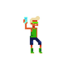 Obraz premium Guy with smartphone teenager and student, pixel art fashion boy character. Young man holding phone. Isolated vector illustration.