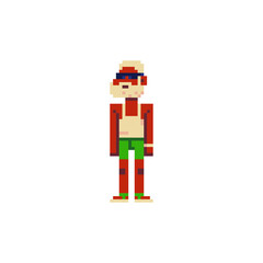 Old sunburnt fashion gray-haired man with a beard and glasses, pixel art character. Avatar, portrait, profile picture. Flat style. Game assets. 8-bit. Isolated vector illustration.