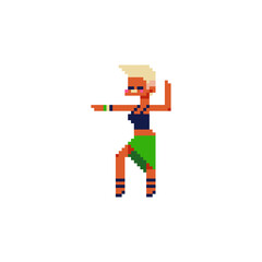 Dancing young blonde fashion girl character. Pixel art flat 80s style. Game assets. 8-bit. Isolated abstract vector illustration.