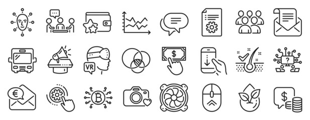 Fototapeta na wymiar Set of Technology icons, such as Organic product, Coins, Group icons. Megaphone, Payment click, Teamwork question signs. Scroll down, Euler diagram, Bus. Cogwheel settings, Swipe up. Vector