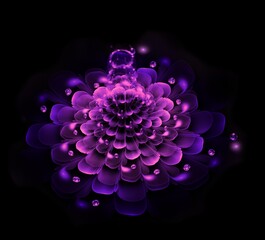 Fractal fantasy flower on a dark background..Rendered fractal art with multicolored flower..Unusual template with place for text.