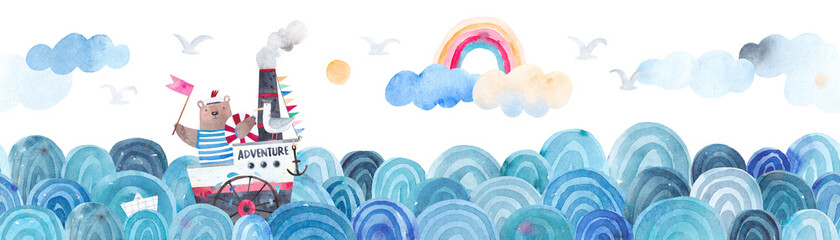 Cute sea landscape. Watercolor illustration. Children's poster. Adventure of a brave bear. Horizontal border. Seamless pattern. - obrazy, fototapety, plakaty