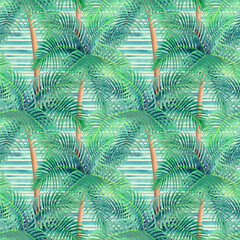 Watercolor background with tropical palm trees seamless pattern.