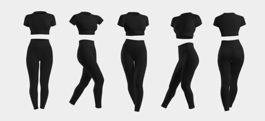 Mockup of black womens fitness suits, cropped t-shirt, leggings, no body, 3D rendering, isolated on white background, front, side, back view. - obrazy, fototapety, plakaty