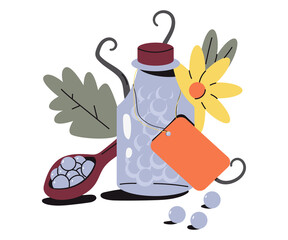 Bottle with homeopathic pills vector cartoon concept illustration isolated on a white background.