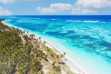 amazing aerial view of a beautiful natural lonely caribbean beach in Punta Cana, Dominican Republic