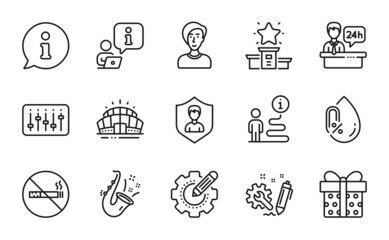 Business icons set. Included icon as Arena stadium, No smoking, Reception desk signs. Jazz, Engineering, Security agency symbols. Dj controller, No alcohol, Settings gear. Winner podium. Vector