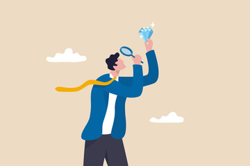 Searching for rare gem, valuable diamond or business evaluation, find talent skillful employee, opportunity or precious investment concept, businessman with magnifying glass looking rare diamond gem.