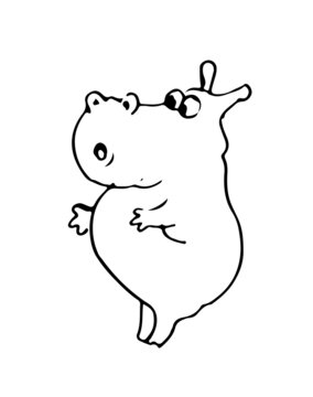 Fat hippo funny. Cheerful wild animal. A comical character. Outline sketch. Hand drawing is isolated on a white background. Vector