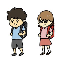 ランドセルを背負っている小学生の男の子と女の子のイラスト。