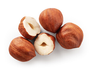 Hazelnut isolated. Hazelnuts on white background. Hazel top view. With clipping path. Full depth of...