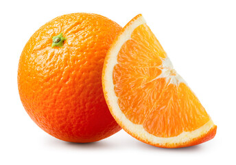 Orange fruit with slice isolated. Orang whole and cut on white background. Full depth of field.