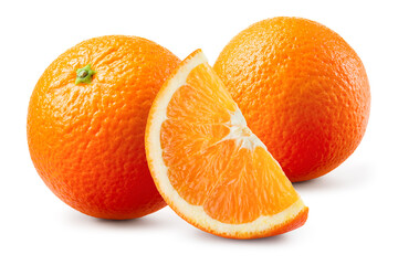 Orange fruit with slice isolated. Orang whole and cut on white background. Full depth of field.