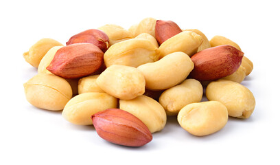 Peanut isolated. Peanuts on white background. Group of red and yellow nuts. Full depth of field.