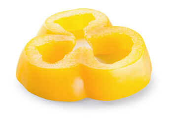 Pepper slice isolated. Yellow paprika on white background. Cut yellow bell pepper. With clipping path.