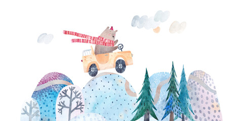 Winter snowy landscape with road, spruce and hills. Cute bear is driving on an extreme road. Watercolor illustration.
