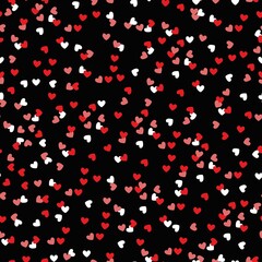simple valentine's day pattern . black background. small red and white confetti hearts. vector texture. trend of print for greeting cards and wrapping paper.