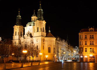 Fototapeta na wymiar Prague at night, Church of St. Nicholas on the city square, cityscape