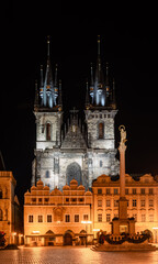 Fototapeta na wymiar Prague at night, Tyn Church on the city square, cityscape