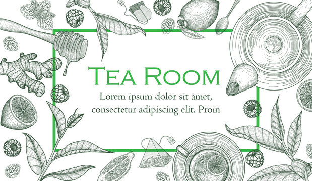 Vector illustration of a horizontal banner template for a teahouse. Graphic linear green tea cup, teapot, spoon, honey, lemon, mint, ginger, tea bags, mint, raspberry, tea leaves