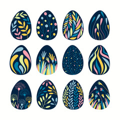 Easter set of fancy eggs. The dark eggs are decorated with bright floral patterns. Flat vector illustration.