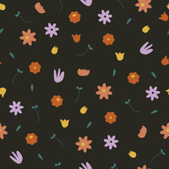 seamless colourful fabric pattern on black background with doodle cute hand draw flower