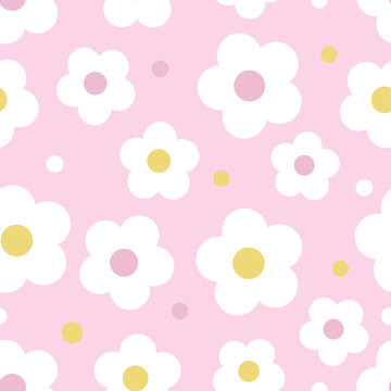 seamless kids pattern on pink background with cute hand draw flower from circle shape