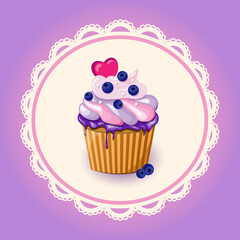 blueberry muffin on purple background with white lace napkin 