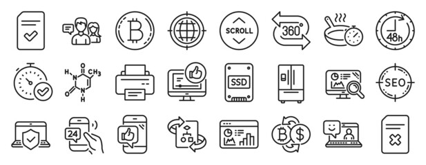 Fototapeta na wymiar Set of Technology icons, such as Laptop insurance, Mobile like, Seo internet icons. Scroll down, Like video, Frying pan signs. Smile, Seo analytics, Chemical formula. Technical algorithm. Vector