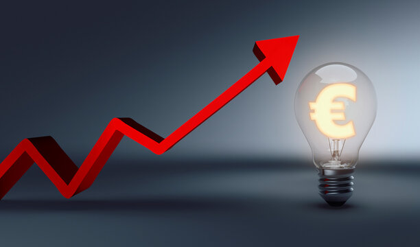 Illustration 3D of Ligh Rise, increase in electricity and economy with euro sign inside a lightbulb