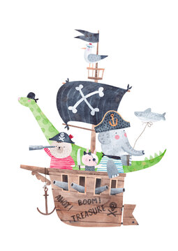 Pirate ship. Watercolor poster. Illustration of a pirate ship with cute animal travelers. Friends pirates on a sea adventure. Isolated on white background.