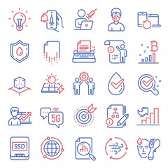 Science icons set. Included icon as Electronic thermometer, Recovery devices, Augmented reality signs. Solar panels, Algorithm, Manual doc symbols. Medical mask, Ssd, Idea. Recovery file. Vector