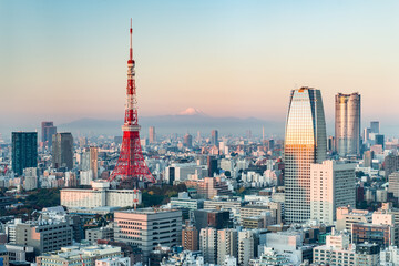 Tokyo Skyline with view of Tokyo Tower and Mount Fuji at sunrise