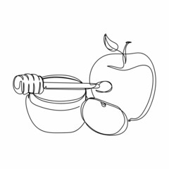 Continuous one simple single abstract line drawing of apples and honey jar icon in silhouette on a white background. Linear stylized.