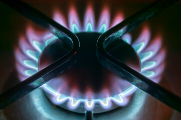 Gas burner cooker stove with a blue and red flame which is a non green fossil fuel causing global...