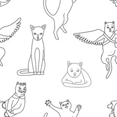 Vector hand drawn seamless pattern. The contours of 
the cats. Suitable for scrapbooking, wallpaper, wrapping paper, etc.